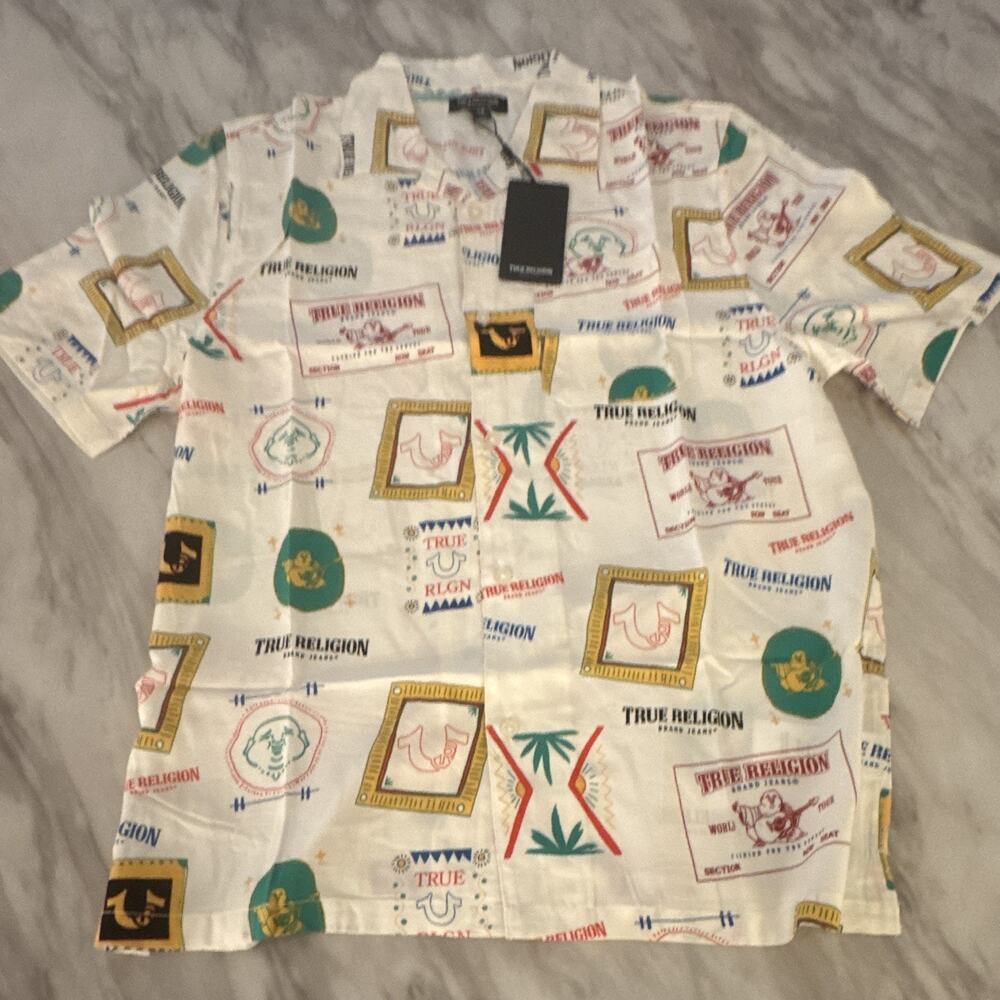 True Religion Men’s L Buddha Graphic Cotton Woven Camp Collar SS Button-Up